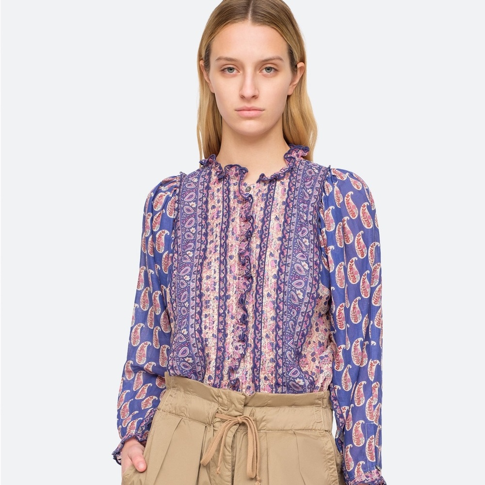 Sea New York Blue and Pink Paisley Ruffle Blouse